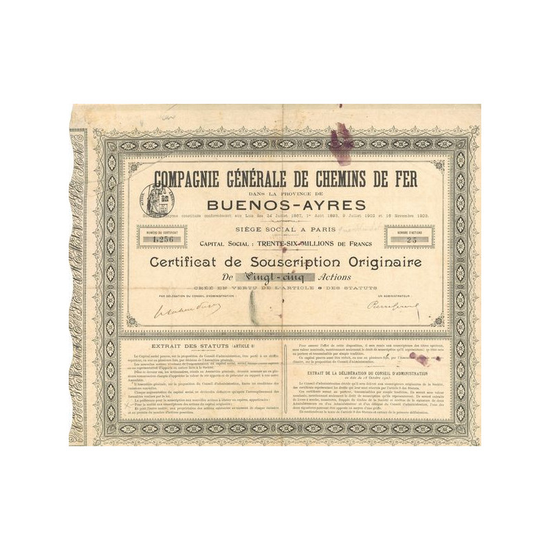 Cie Générale des Chemins de Fer dans la Province de Buenos-Ayres (Certif 25 Act)