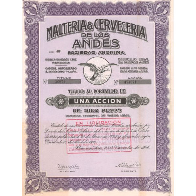 Malteria & Cerveceria de los Andes (01 Act 10 Pesos)
