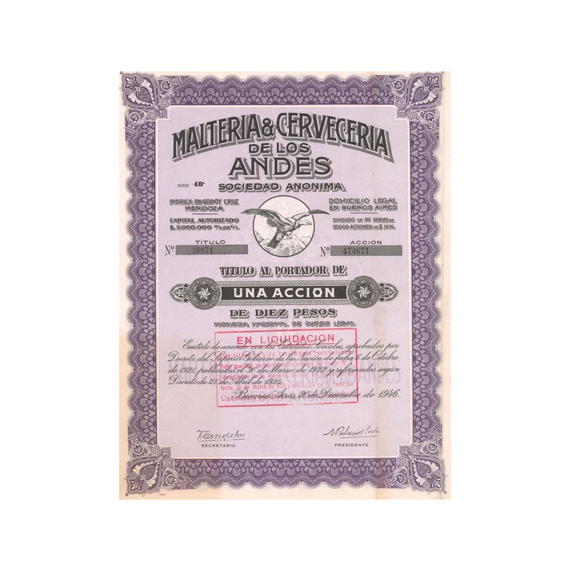 Malteria & Cerveceria de los Andes (01 Act 10 Pesos)