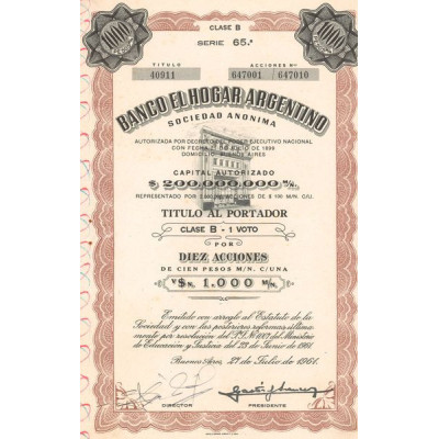 Banco El Hogar Argentino (Titre 10 Act 100 Pesos)