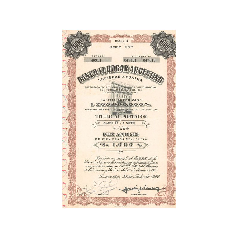 Banco El Hogar Argentino (Titre 10 Act 100 Pesos)