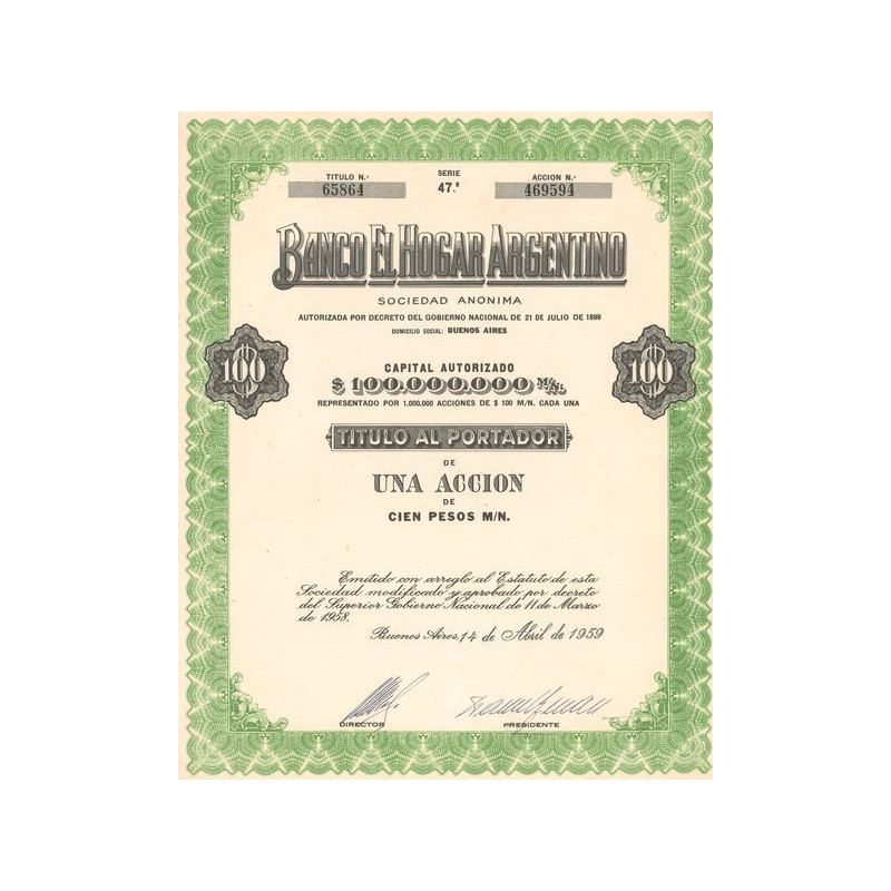 Banco El Hogar Argentino (Titre 01 Act 100 Pesos)