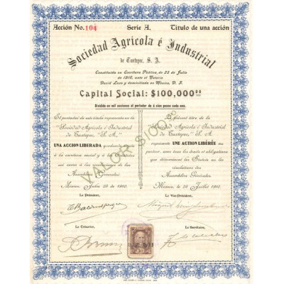 Sociedad Agricola é Industrial de Cuxtepec S.A. (Act 100 Pesos)