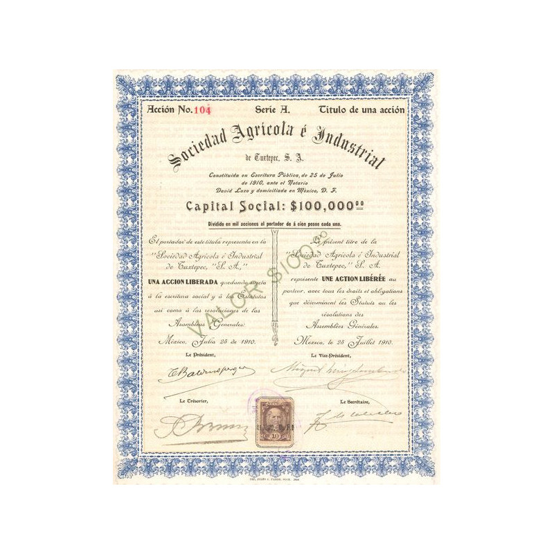 Sociedad Agricola é Industrial de Cuxtepec S.A. (Act 100 Pesos)