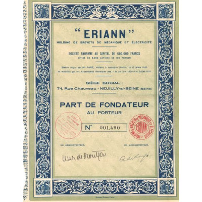 "Eriann" Holding de Brevets de Mécanique et Electricité (PF)