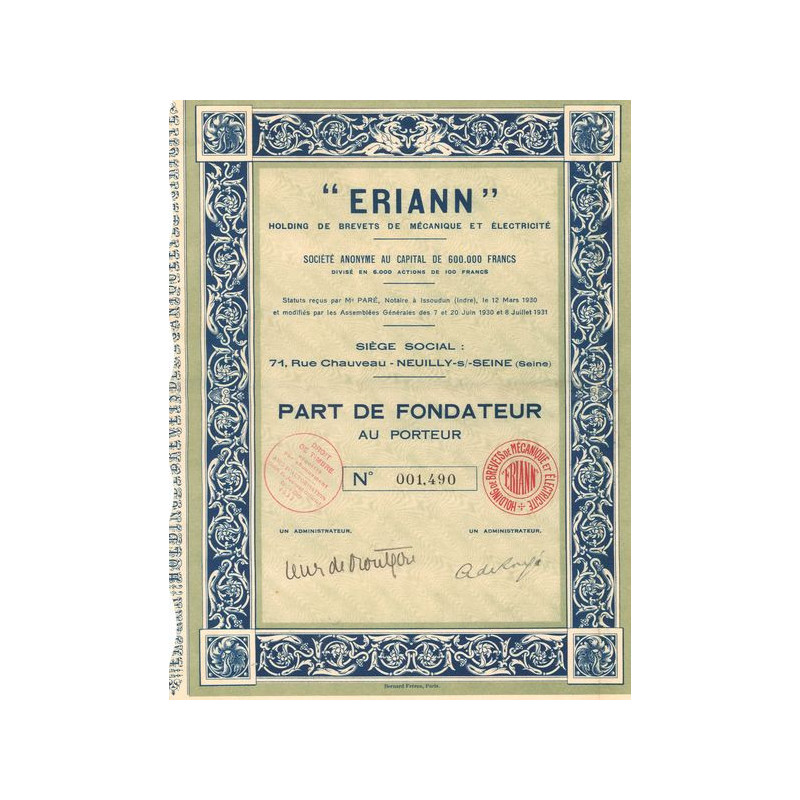 "Eriann" Holding de Brevets de Mécanique et Electricité (PF)