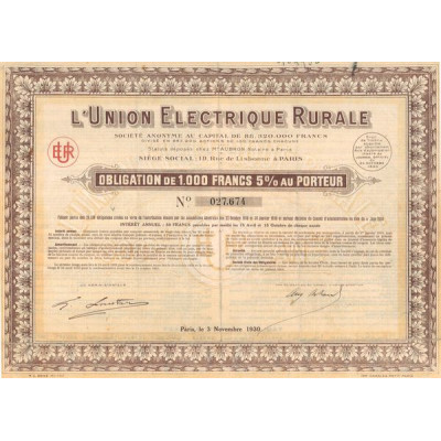 L'Union Electrique Rurale (modèle 3) (Obl 1000 F 5%)