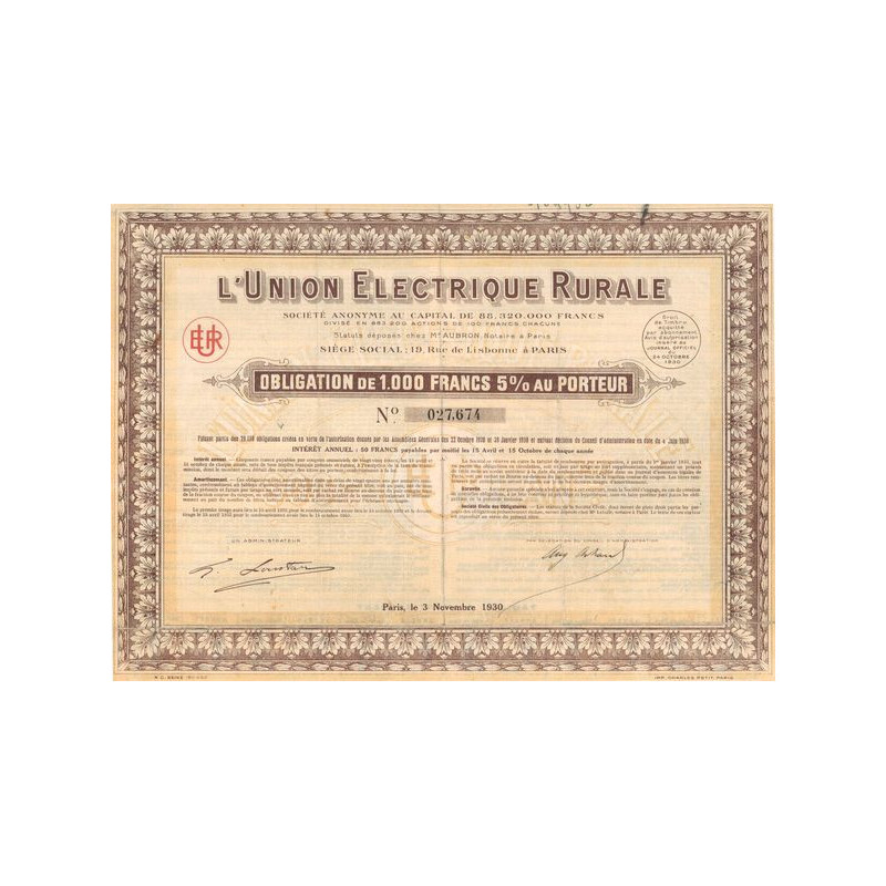 L'Union Electrique Rurale (modèle 3) (Obl 1000 F 5%)