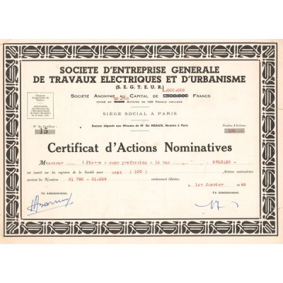 Sté d'Entreprise Générale de Travaux Electriques et d'Urbanisme (S. E. G. T. E. U. R.) (Certif Nomin)