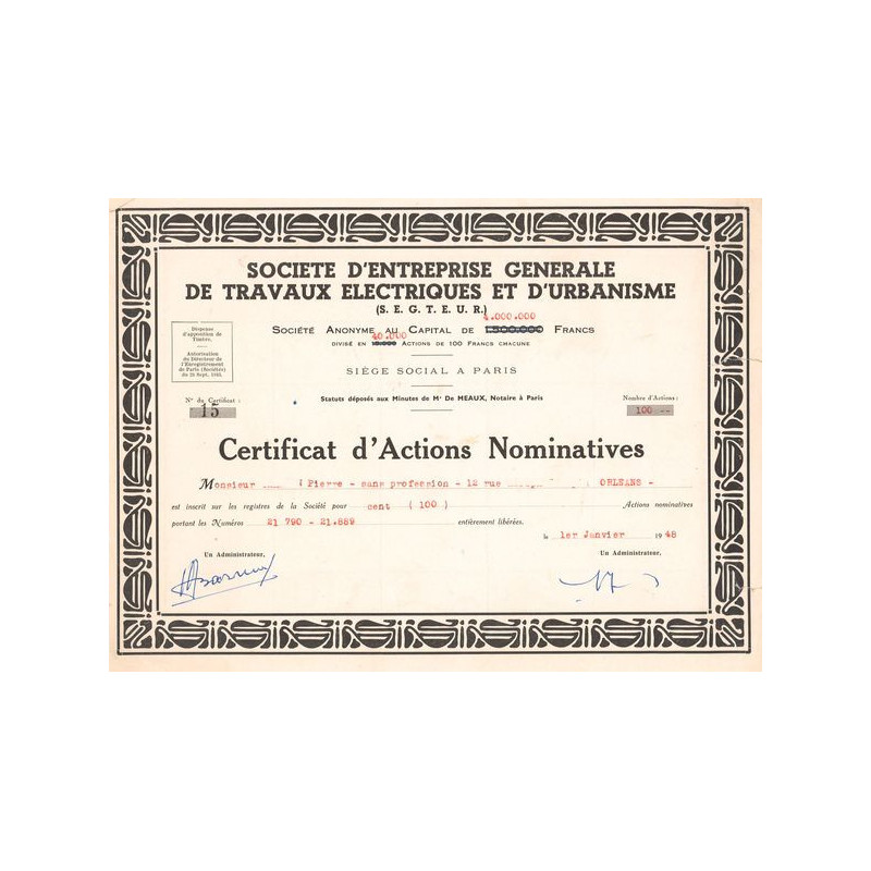 Sté d'Entreprise Générale de Travaux Electriques et d'Urbanisme (S. E. G. T. E. U. R.) (Certif Nomin)