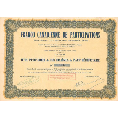 Franco Canadienne de Participations (Titre provisoire 10 10ème de PB)