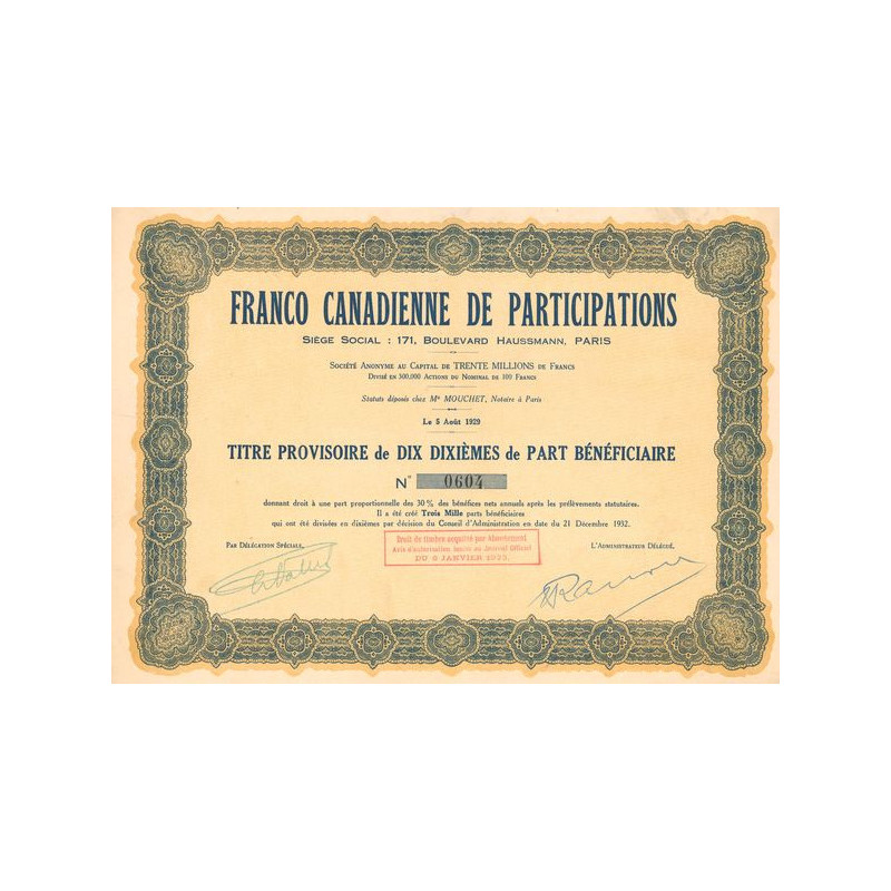 Franco Canadienne de Participations (Titre provisoire 10 10ème de PB)