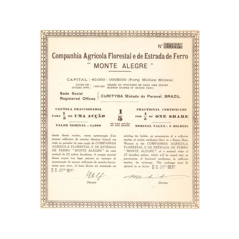 Cia Agricola Florestal e de Estrada de Ferro "Monte Alegre" (Fractional certificate for 1/5 of 1 share)