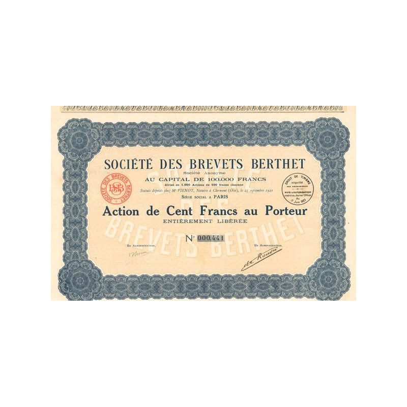Sté des Brevets Berthet (Act 100 F)