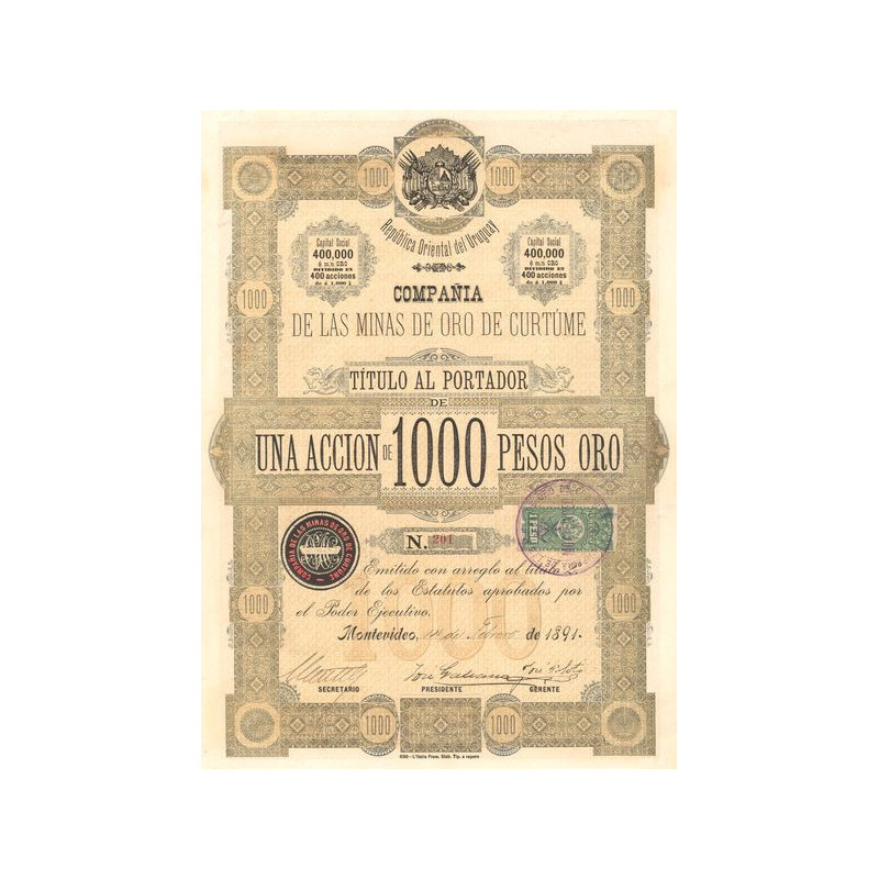 Cia de las Minas de Oro de Curtume (Act 1000 Pesos Oro)