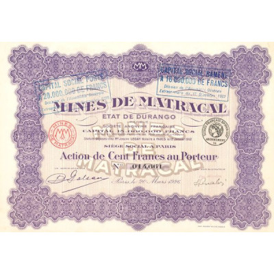 Mines de Matracal Etat du Durango - 1926 (Titre 1 Act 100 F)