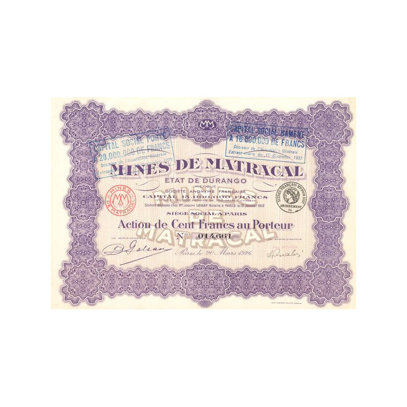 Mines de Matracal Etat du Durango - 1926 (Titre 1 Act 100 F)