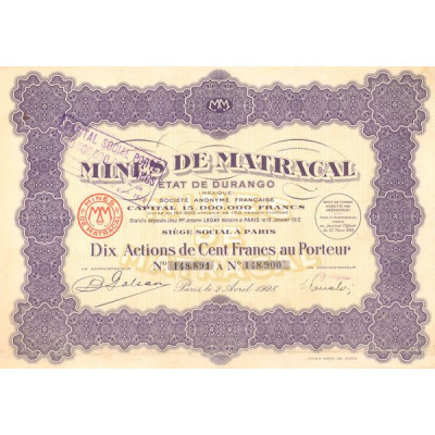 Mines de Matracal Etat du Durango - 1928 (Titre 10 Act 100 F)