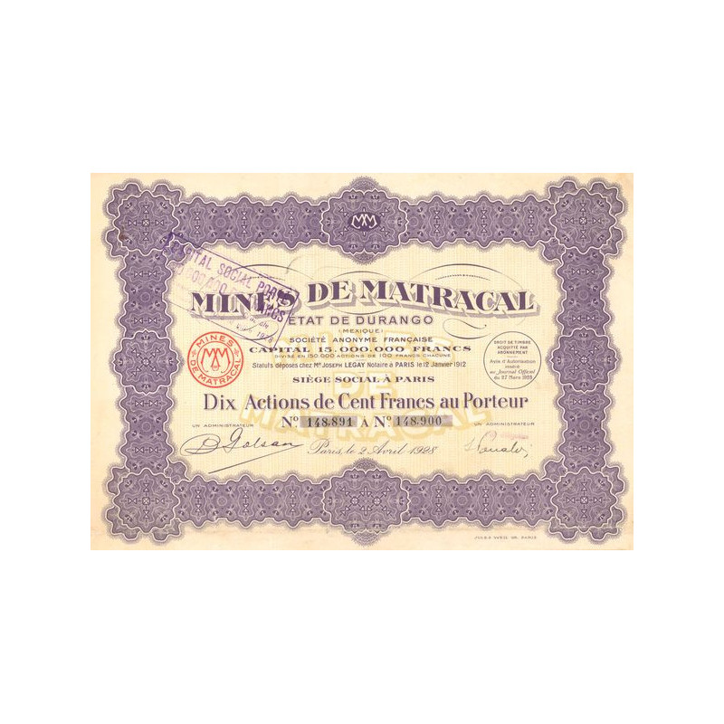 Mines de Matracal Etat du Durango - 1928 (Titre 10 Act 100 F)