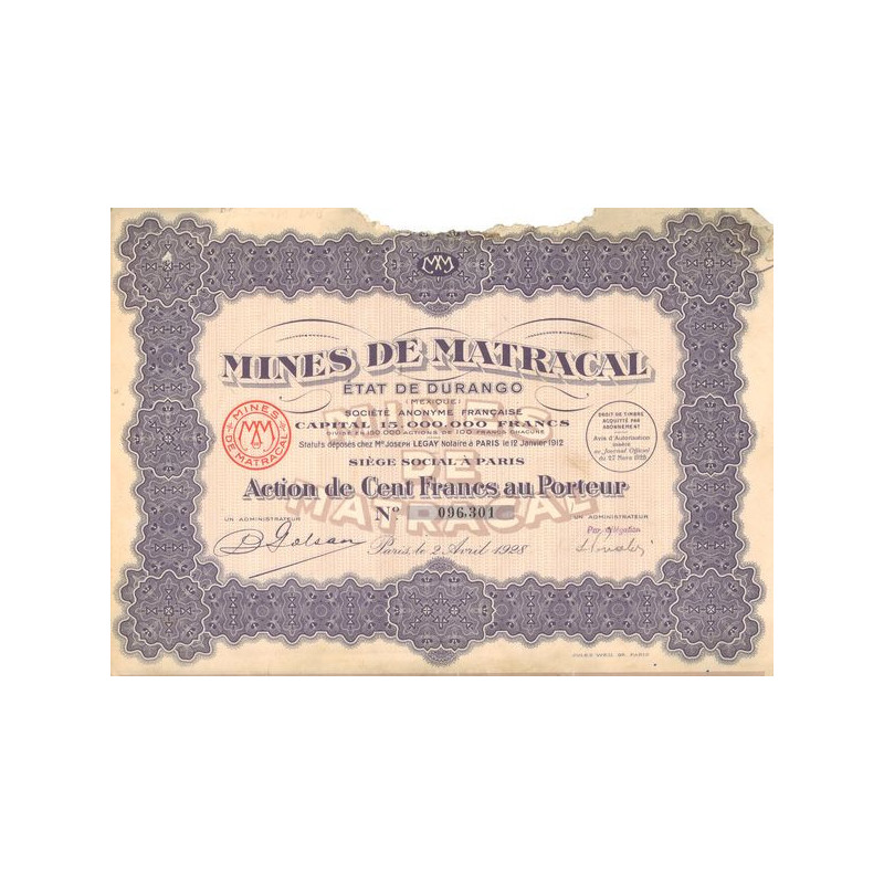 Mines de Matracal Etat du Durango - 1928 (Titre 1 Act 100 F)