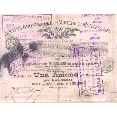 S.A. Delle Miniere di Montecatini (Act 100 Lire) - 1913