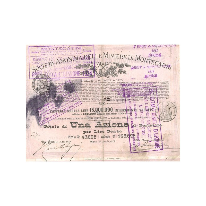 S.A. Delle Miniere di Montecatini (Act 100 Lire) - 1913