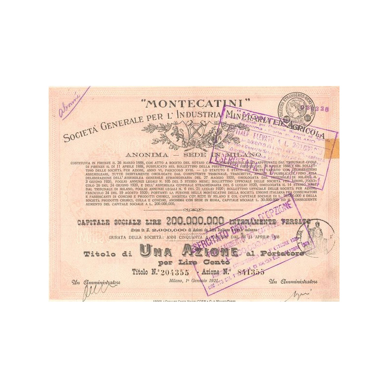"Montecatini" Sta Gale per l'Industria Mineraria ed Agricola (Titre 1 Act 100 Lire) - 1921 (Modele 1) (Rouge)