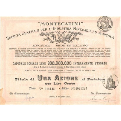"Montecatini" Sta Gale per l'Industria Mineraria ed Agricola (Titre 1 Act 100 Lire) - 1924 (Modele 1) (Rouge)