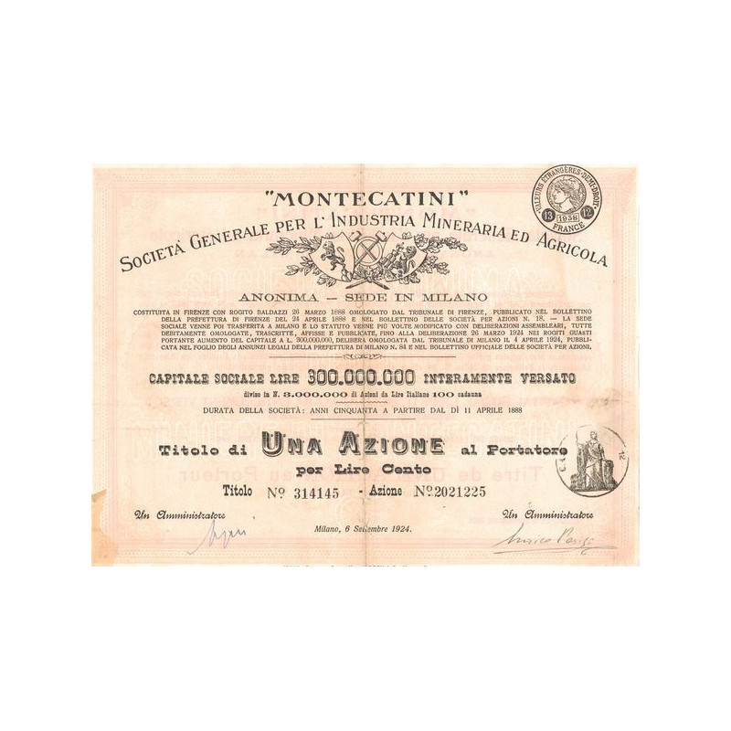 "Montecatini" Sta Gale per l'Industria Mineraria ed Agricola (Titre 1 Act 100 Lire) - 1924 (Modele 1) (Rouge)