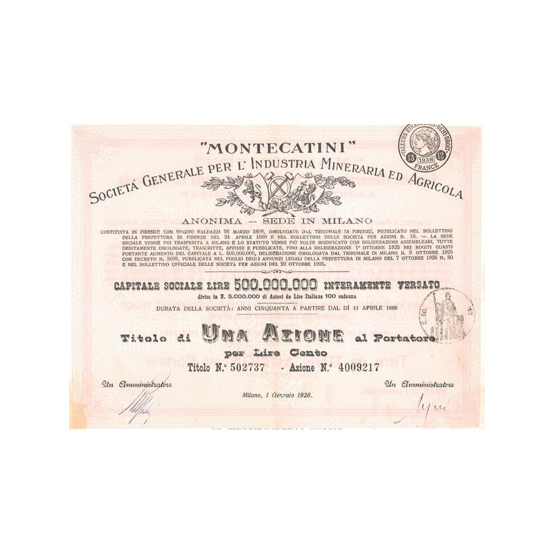 "Montecatini" Sta Gale per l'Industria Mineraria ed Agricola (Titre 1 Act 100 Lire) - 1926 (Modele 1) (Rouge)