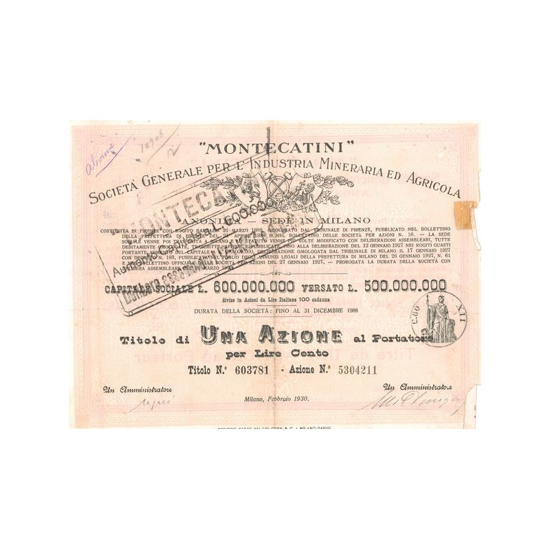 "Montecatini" Sta Gale per l'Industria Mineraria ed Agricola (Titre 1 Act 100 Lire) - 1930