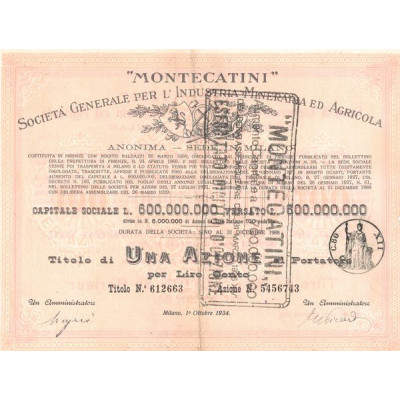 "Montecatini" Sta Gale per l'Industria Mineraria ed Agricola (Titre 1 Act 100 Lire) - 1934 (Modele 1) (Rouge)