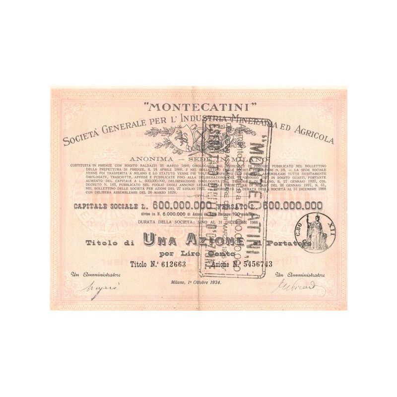 "Montecatini" Sta Gale per l'Industria Mineraria ed Agricola (Titre 1 Act 100 Lire) - 1934 (Modele 1) (Rouge)