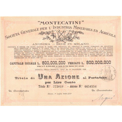 "Montecatini" Sta Gale per l'Industria Mineraria ed Agricola (Titre 1 Act 100 Lire) - 1936