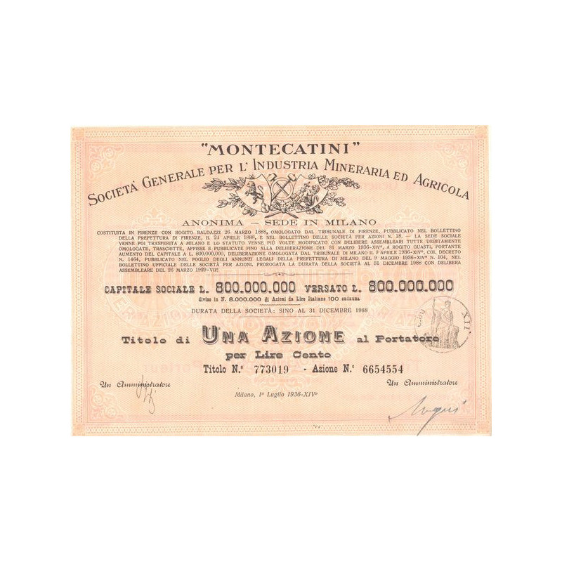 "Montecatini" Sta Gale per l'Industria Mineraria ed Agricola (Titre 1 Act 100 Lire) - 1936