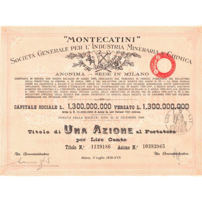 "Montecatini" Sta Gale per l'Industria Mineraria ed Agricola (Titre 1 Act 100 Lire) - 1938