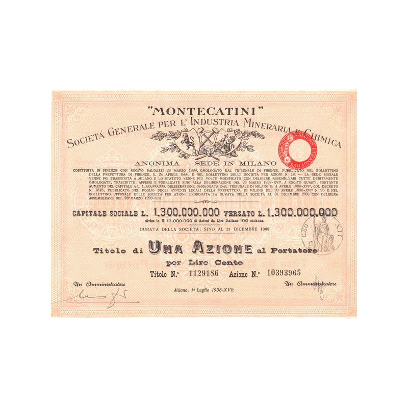 "Montecatini" Sta Gale per l'Industria Mineraria ed Agricola (Titre 1 Act 100 Lire) - 1938