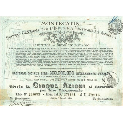 "Montecatini" Sta Gale per l'Industria Mineraria ed Agricola (Titre 5 Act 100 Lire) - 1921 (Modele 2) (Vert)