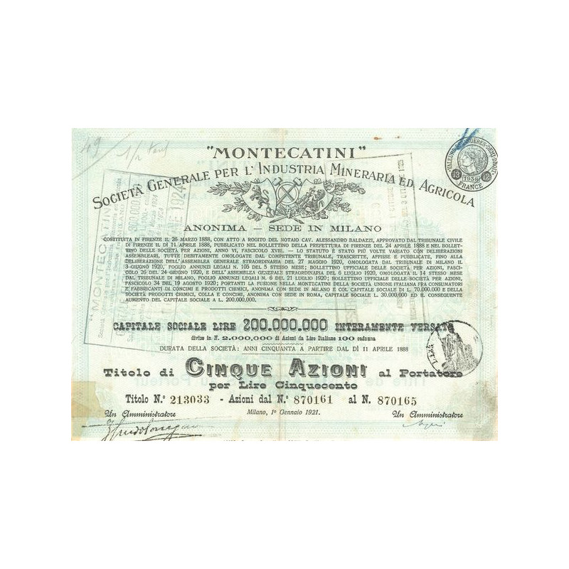 "Montecatini" Sta Gale per l'Industria Mineraria ed Agricola (Titre 5 Act 100 Lire) - 1921 (Modele 2) (Vert)