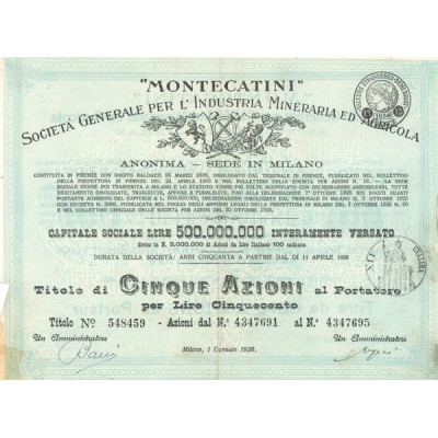 "Montecatini" Sta Gale per l'Industria Mineraria ed Agricola (Titre 5 Act 100 Lire) - 1926 (Modele 2) (Vert)