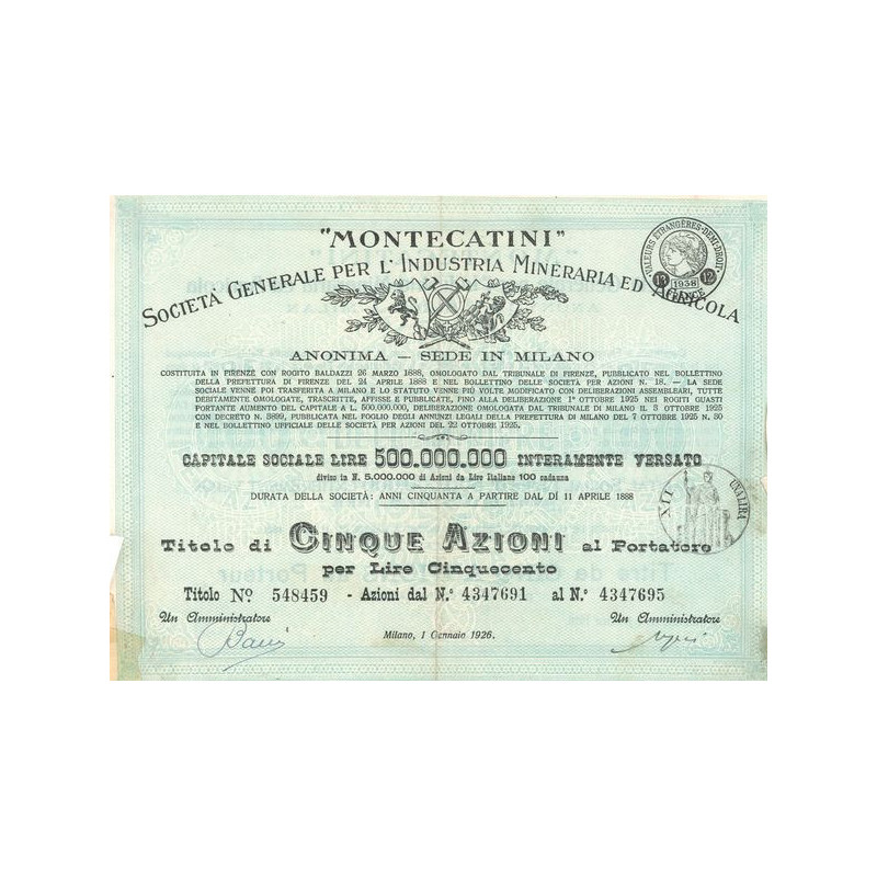 "Montecatini" Sta Gale per l'Industria Mineraria ed Agricola (Titre 5 Act 100 Lire) - 1926 (Modele 2) (Vert)