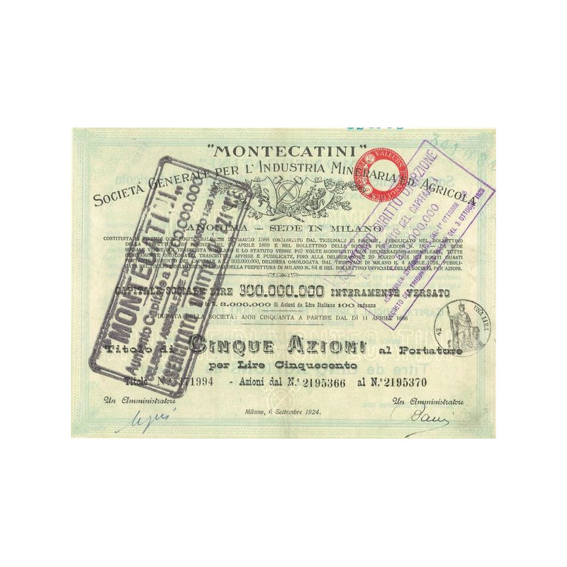 "Montecatini" Sta Gale per l'Industria Mineraria ed Agricola (Titre 5 Act 100 Lire) - 1924 (Modele 2) (Vert)