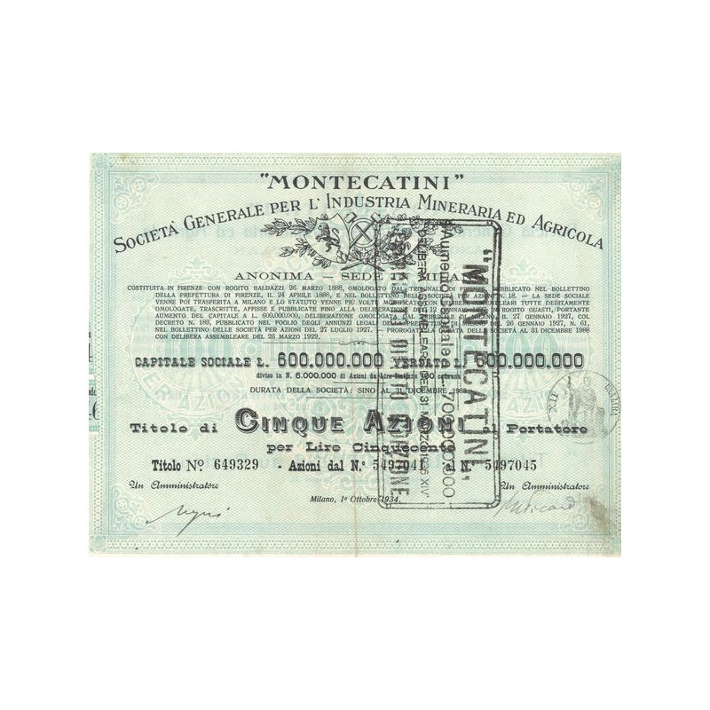 "Montecatini" Sta Gale per l'Industria Mineraria ed Agricola (Titre 5 Act 100 Lire) - 1934 (Modele 2) (Vert)
