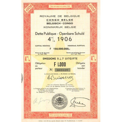 Royaume de Belgique Congo Belge - Dette Publique 4% 1906 (Obl 1000 F)
