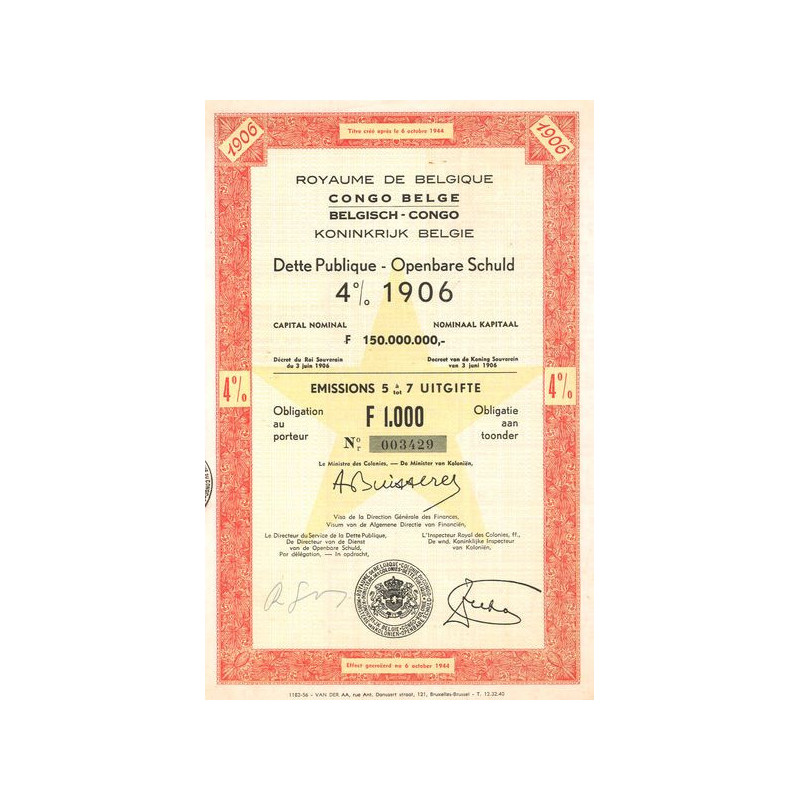Royaume de Belgique Congo Belge - Dette Publique 4% 1906 (Obl 1000 F)