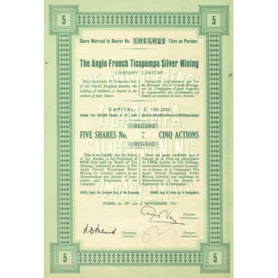 The Anglo French Ticapampa Silver Mining Cy Ltd (Titre 05 Act 10 Shillings)