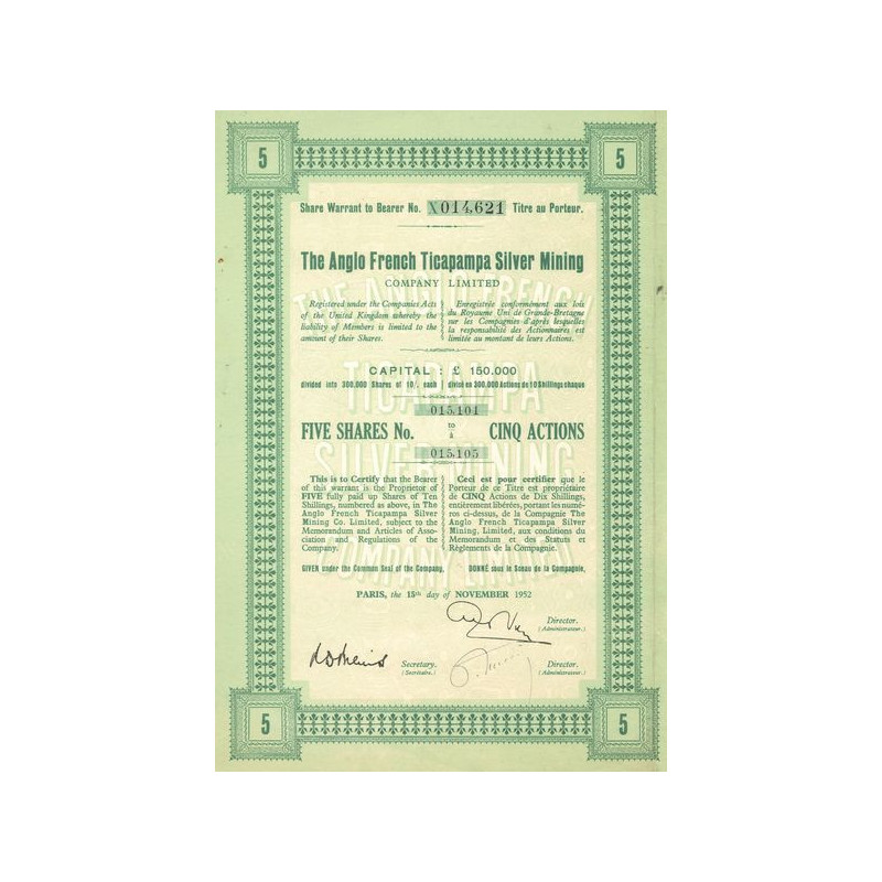 The Anglo French Ticapampa Silver Mining Cy Ltd (Titre 05 Act 10 Shillings)