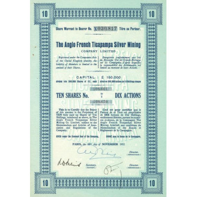 The Anglo French Ticapampa Silver Mining Cy Ltd (Titre 10 Act 10 Shillings)