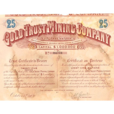 Gold Trust Mining Cy Incorporated in Arizona United States of America (Titre 25 Act 1 Dollar)