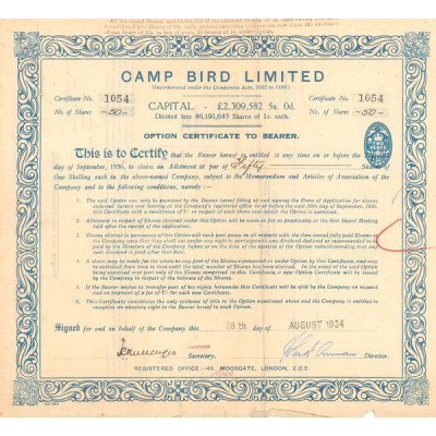 Camp Bird Ltd (Certif Nomin 50 Act 1 Shilling)